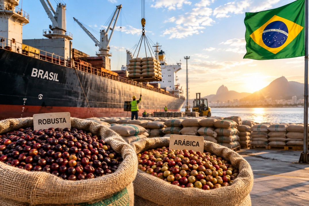 Café brasileño preparado para su exportación, con sacos de café Robusta y Arábica