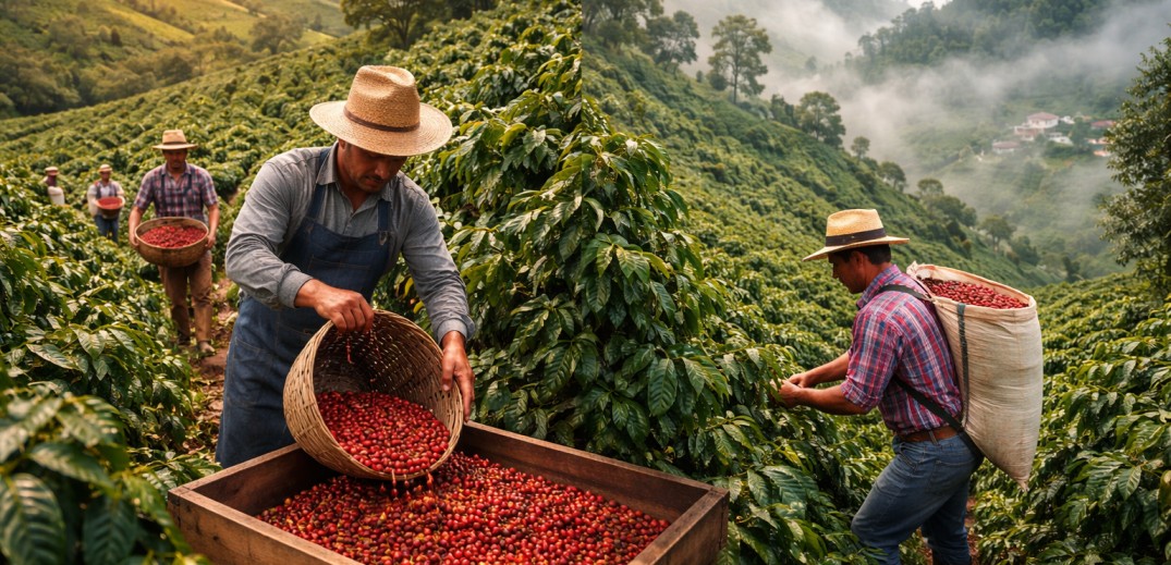 Plantación de café en Brasil o Colombia afectada por condiciones climáticas