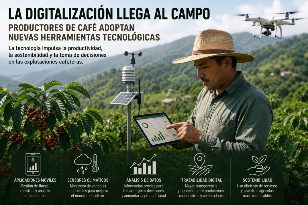 Productor de café utilizando herramientas digitales en una plantación