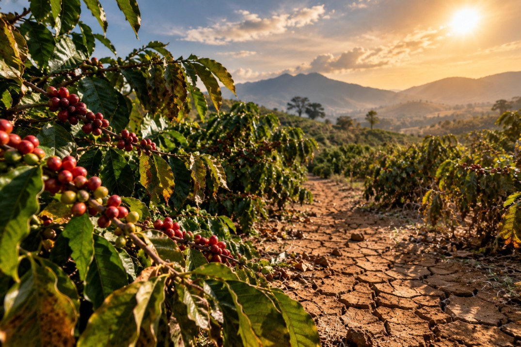 Plantación de café afectada por condiciones climáticas asociadas al fenómeno El Niño