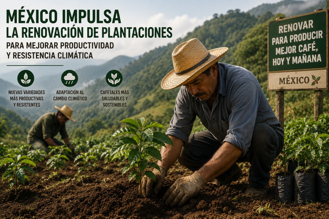 Trabajadores renovando plantaciones de café en México